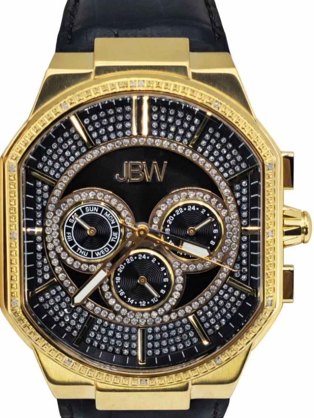 JBW J6342E Mens Gold Tone Chronograph Diamond Bezel Black Leather Watch 44mm
